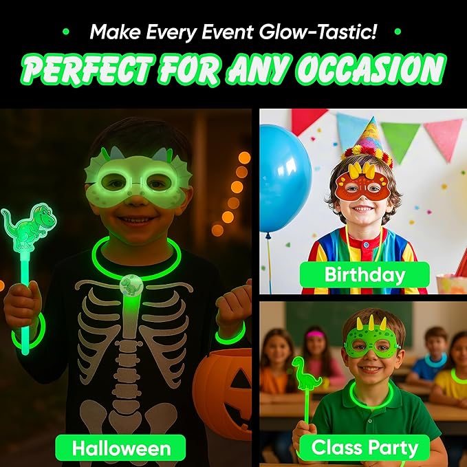 Dinosaur Party Favors Pack – Glow in the Dark Party Supplies | 6 Dinosaur Masks, 6 Bracelets, 6 Necklaces, 6 Wands, 42 Dino Glow Sticks & 80 Stickers | Birthday Classroom Halloween Trick or Treat
