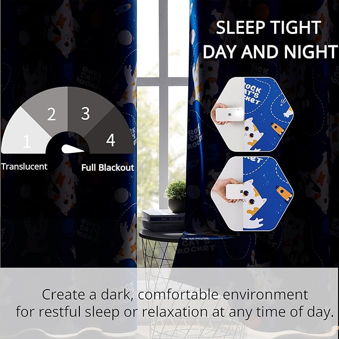 Kids Blackout Curtains - Space Cat Design, 100% Blackout, 2 Panels, Each W52×L63, Thermal Insulated Curtains for Bedroom, Noise Reducing, Combine Functionality with a Fun and Creative Design
