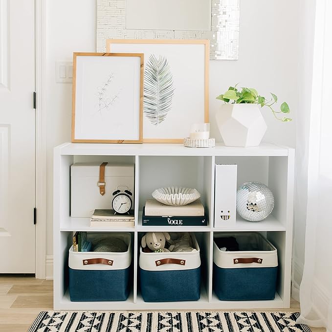 OrganiHaus Large Fabric Storage Bins for Shelves 3 Pack, 15x11in Closet Storage Bins for Shelves, Cloth Baskets & Closet Organizers, Fabric Basket, Navy Blue/White