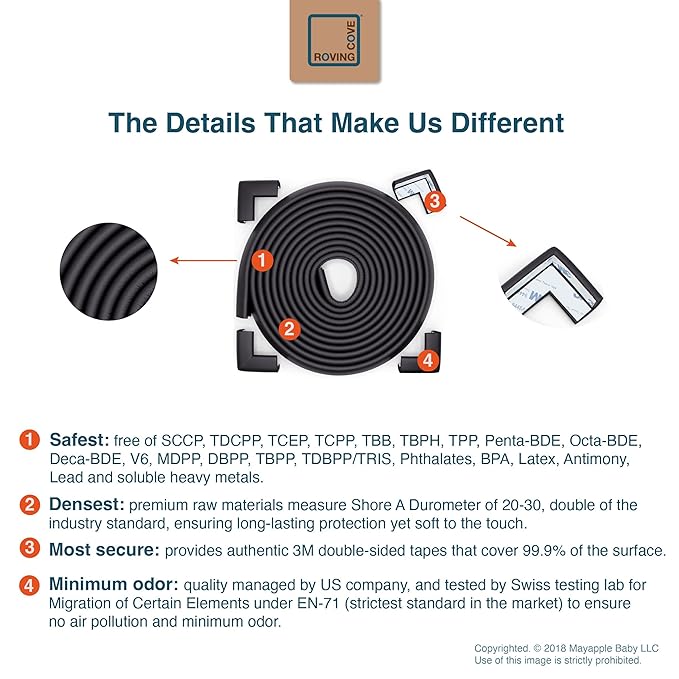 Roving Cove Slim-Fit Corner Edge Protector for Baby Proofing (Small 15ft Edge 4 Corners), Furniture Safety Bumper Guard, Soft NBR Rubber Foam, 3M Adhesive, Onyx Black