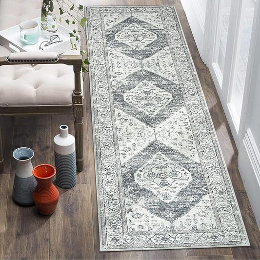 Lahome Boho Hallway Runner Rug 2x6, Washable Untra-Thin Non-Slip Kitchen Runner, Oriental Distressed Print Rug for Entryway Bathroom Laundry Room Bedroom, Grey