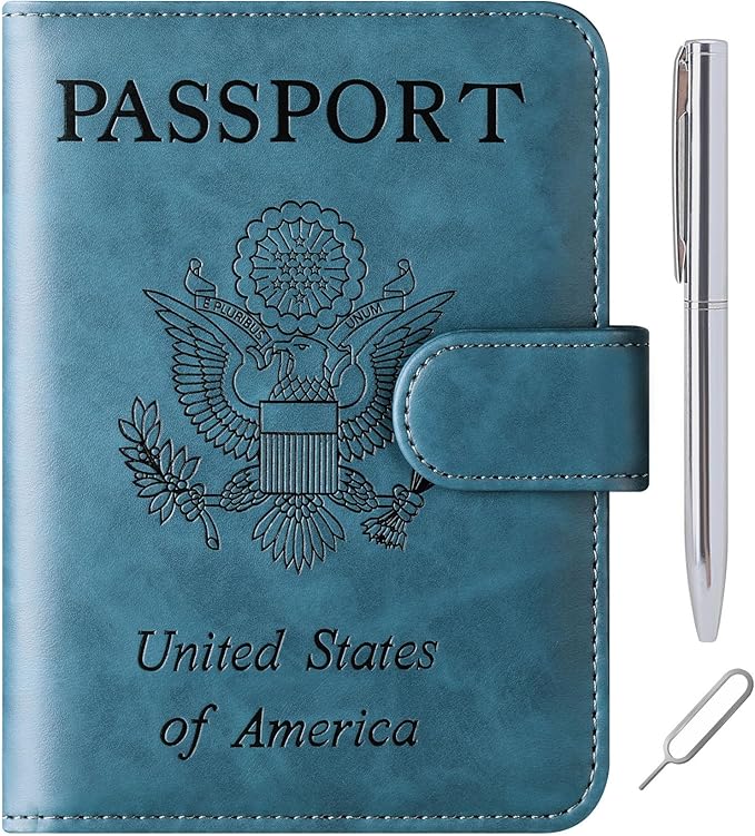 Passport Holder Cover Wallet Travel Essentials Leather Rfid Blocking Case Vacation Luggage Must Haves Travel Accessories for Men Women (120#Blue)