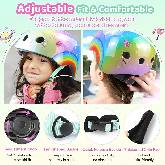 Vvinca Kids Toddlers Bike Helmet Adjustable for Ages 3-5-8 Years, Knee Pads and Elbow Pads Set Wrist Guard Sports Protective Gear Set for Roller Skate Bicycle Skateboard Scooter Girl Boy Birthday Gift