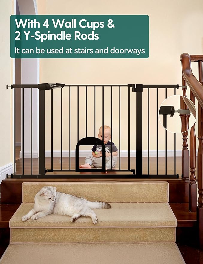 Babelio 36.5-57" Extra Wide Baby Gate with Cat Door,Auto Close&Two Way Swing,Pressure Mounted Dog Gates for Stairs,Doorways,Includes 4 Wall Cups and 3 Extension Pieces,Black