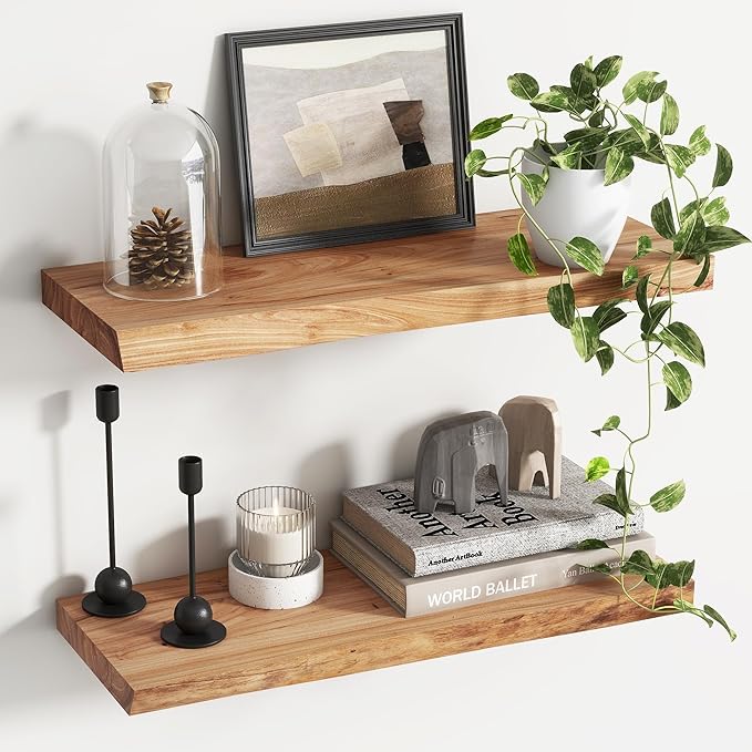 Rustic Elm Wood Floating Shelves for Wall, Live Edge 24"W x 9.2"D x 1.4"H, Set of 2 with Invisible Bracket, Wall Mounted Storage Shelves for Living Room Bedroom Kitchen Bathroom Decor, Natural Finish