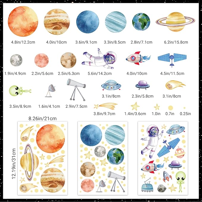 Watercolor Solar System Wall Decals, Glow in The Dark Stars, Kids Planets Sticker for Ceiling, Astronaut Wall Stickers for Bedroom（Green）