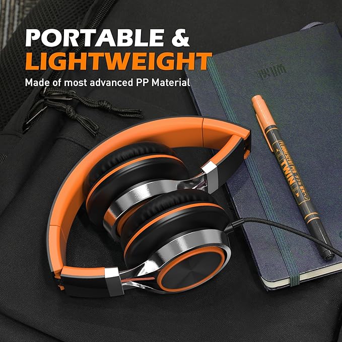 Kids Headphones, Headphones Wired with Microphone and Volume Control Folding Stereo Corded On-Ear 3.5mm Headset for Boys Girl Cellphones Tablets Chromebook Laptop Computer (Black/Orange)