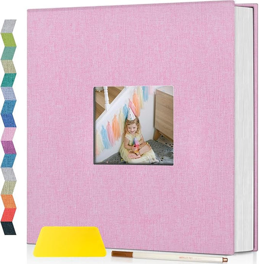 popotop Photo Album Self Adhesive with Picture Display Window,40 Pages DIY Scrapbooking Supplies Kit for 4x6 10x12 Picture,Linen Cover Memory Book for Baby Wedding, with Scraper and Metallic Pen
