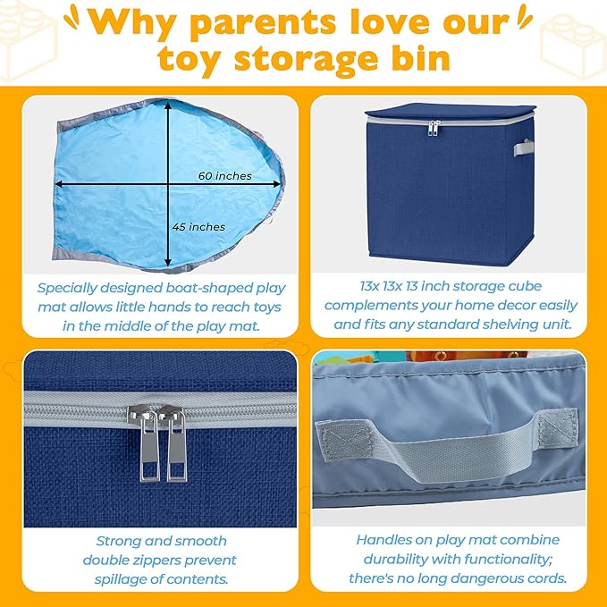 SAM AND MABEL Toy Storage Organizer with Play Mat for Kids – 13" x 13" x 13" Storage Box, Stackable and Foldable Cubby Baskets for Playroom, Nursery Bins for Boys and Girls (Noble Blue)