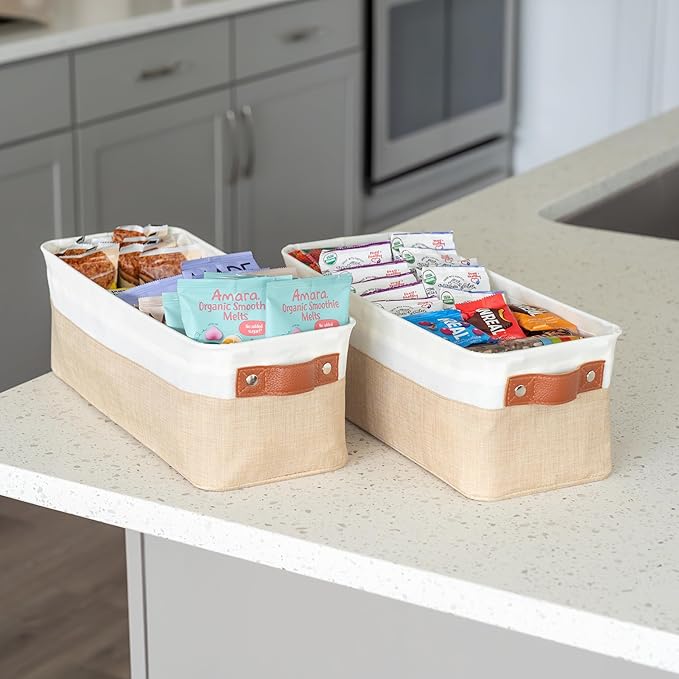 OrganiHaus Narrow Storage Bins 15x06in, Small Closet Bins for Shelves, Bathroom Storage Baskets for Shelves, Narrow Baskets, Fabric Organizer with Handles, Toilet Paper Organizer - 2 Pack, Beige