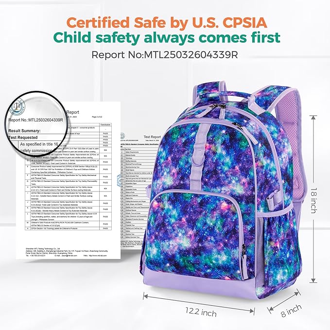 Choco Mocha Butterfly Backpack for Girls, Elementary School Backpack for Girls Ages 6-8 Kids Kindergarten Backpack Large Bookbag 18 Inch with Chest Strap, Purple