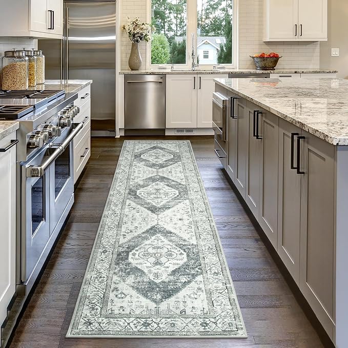 Lahome Boho Runner Rug for Hallway - 2x7 ‎Stain Resistant Non-Slip Kitchen Runners Non Skid Washable 7 Ft Lightweight Throw Bathroom Runner, Oriental Distressed Print Runner for Bedroom Laundry Room