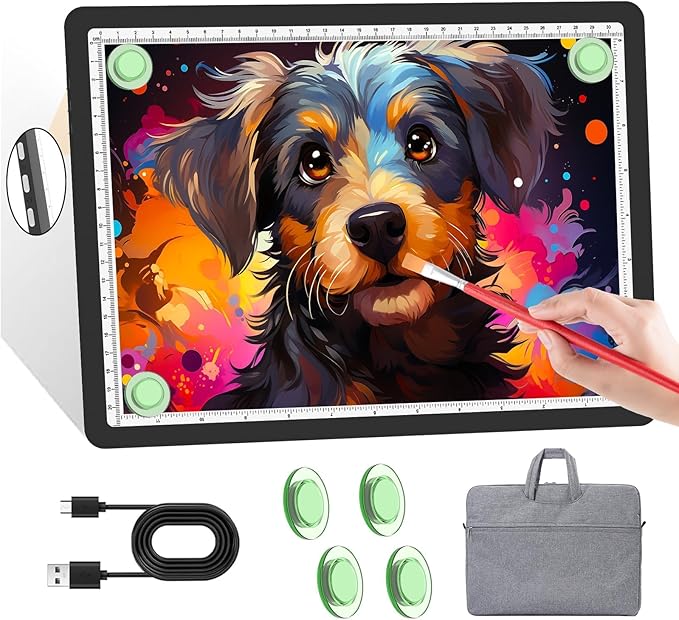 KOBAIBAN A4 Magnetic Light Box with Bag, Rechargeable Diamond Art Light Board with Side Physical Buttons, 3 Color Light Modes Super Bright Light Pad Light Table for Tracing, Drawing, Sketching (Black)