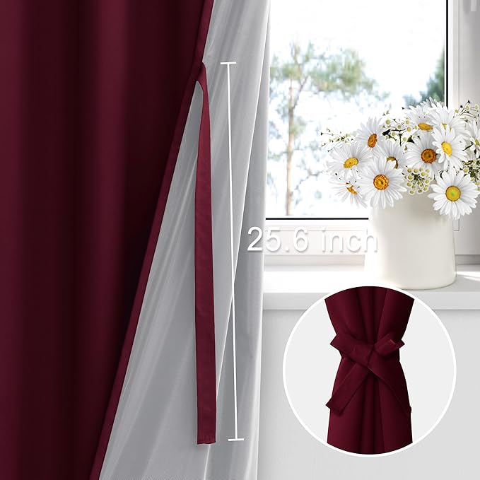 XWZO 100% Blackout Window Curtains- Rod Pocket Thermal Insulated & Noise Reduction Black Liner Window Treatment Sewn with Tiebacks for Bedroom/Living Room, Burgundy, W42 x L45, Set of 2