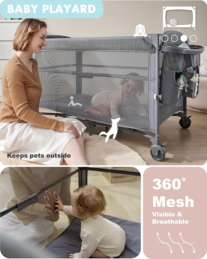 AirClub 4 in 1 Baby Bassinet Bedside Sleeper, 4 Functions Crib, Playard, Portable Changing Table, Bassinet for Newborn Baby, Bedsaide Bed w/Wheels&Brakes