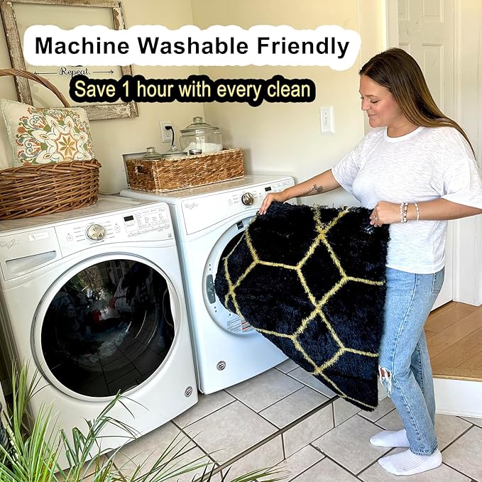 ONASAR 8x10 Area Rugs for Living Room, Fluffy Black and Gold Bedroom Rug, Washable Geometric Boho Large Soft Plush Shaggy Fuzzy Floor Carpet for Nursery Kids Classroom Playroom Dorm Home Decor