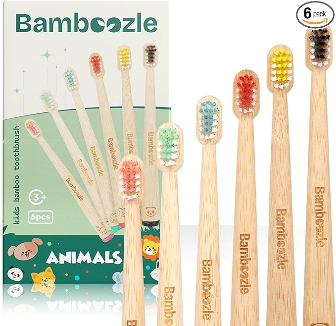 Bamboozle Eco-Friendly Animal Toothbrushes for Kids - Sustainable Bamboo Design, Biodegradable & Stylish Oral Care Solution, Animal Design, Pack of 6