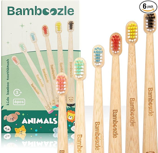Bamboozle Eco-Friendly Animal Toothbrushes for Kids - Sustainable Bamboo Design, Biodegradable & Stylish Oral Care Solution, Animal Design, Pack of 6