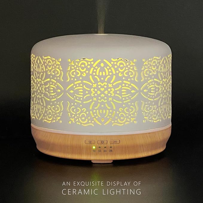 Earnest Living Essential Oil Diffuser White Ceramic Diffuser 500 ml Timers Night Lights and Auto Off Function Home Office Humidifier Aromatherapy Diffusers for Essential Oils