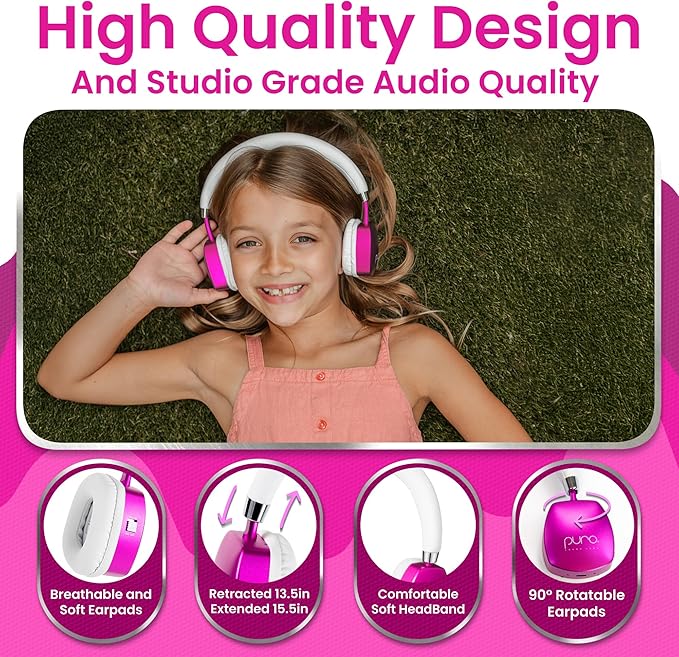 Puro Sound Labs PuroQuiet Plus Noise Cancelling Headphones for Kids, Bluetooth Kids On Ear Headphones with Mic, Lightweight On-Ear Design, Studio-Grade Sound (Pink)