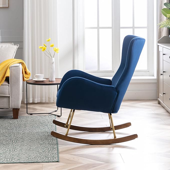 Velvet Rocking Accent Chair Upholstered Nursery Glider Rocker for Baby/Kids Comfy Nursing Lounge Side Chair for Living Room Bedroom, Blue