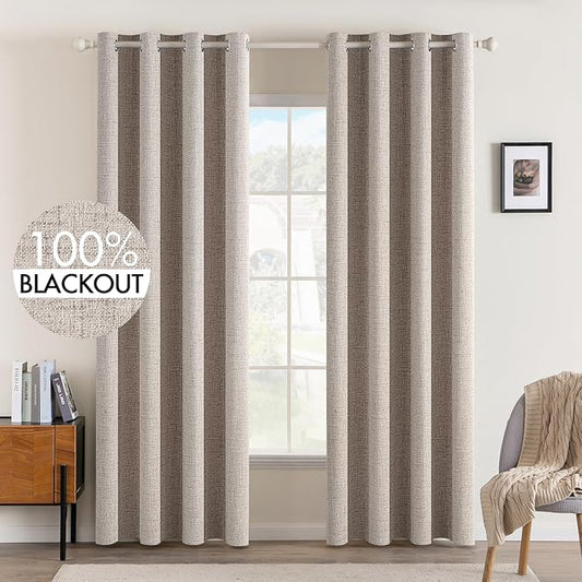 MIULEE Linen Texture Curtains for Bedroom Solid 100% Blackout Thermal Insulated Khaki Curtains Grommet Room Darkening Drapes Luxury Decor for Living Room Nursery 52x96 Inch (2 Panels)
