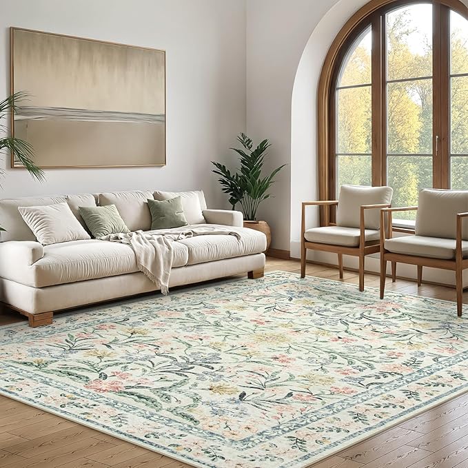 Wonnitar Large Rugs for Living Room, Soft Washable Floral 9x12 Area Rug for Bedroom, Boho Non-Shedding Foldable Carpet for Kids Playroom Apartment Home Decor