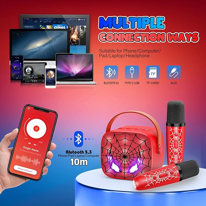 Mini Karaoke Machine Toys Gifts: Kids Toys Birthday Gifts for 4 5 6 7 8 9 Years Old Girl Boy LED Portable Bluetooth Speaker with 2 Wireless Microphone Girl Boy Kid Adult Gift Age 3-12+