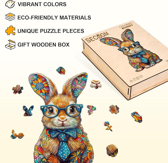Wooden Puzzles for Adults - 125 Pieces Colorful Bunny Wooden Puzzle - Unique Animal Shape Wood Cut Puzzles - Eco-Friendly Home Office Decor (11.4 * 6.8in)