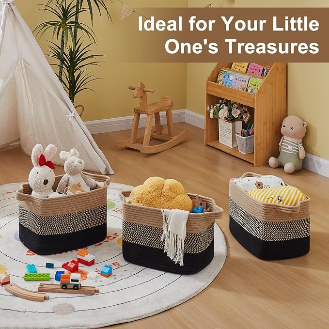 Storage Basket for Organizing, Woven Baskets for Storage, Rectangle Decorative Baskets for Shleves, Closet, Toys, Books, Nursery Organizer Bins - Pack of 3 (Black & Brown)
