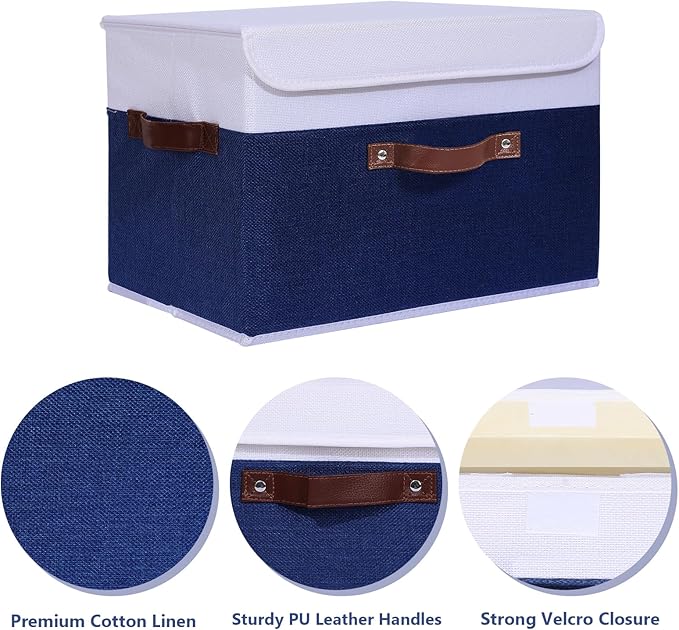 ANMINY 4PCS Storage Boxes with Lid Washable Decorative Storage Bin Basket with PU Leather Handle Foldable Linen Fabric Storage Cube Container for Home Closet Organizer - Deep Blue White, Large Size
