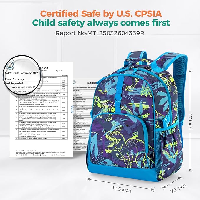 Choco Mocha Dinosaur Backpack for Boys, Elementary School Backpack for Boys Ages 6-8 Kids Kindergarten Backpack Bookbag 17 Inch with Chest Strap, Blue