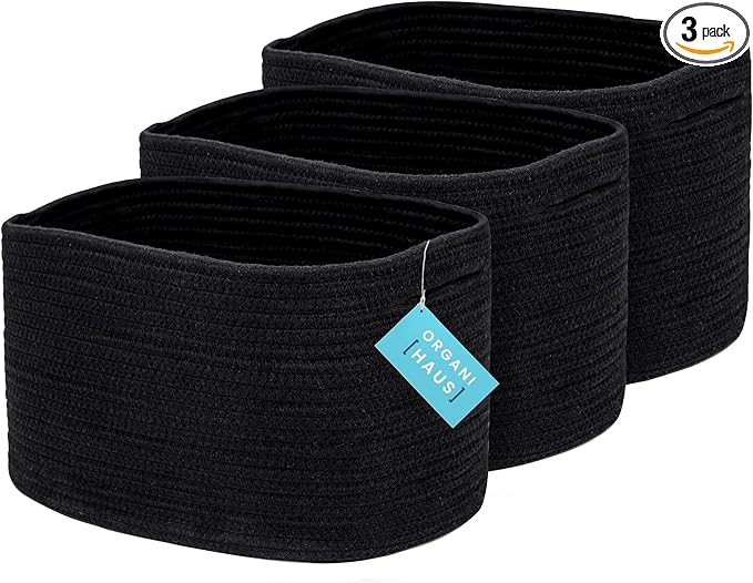 OrganiHaus Set of 3 Black Baskets for Shelves, Woven Baskets for Organizing, Cute Black Storage Basket for Toys & Cloths, Cotton Rope Basket for Decor, Shoe Baskets, Storage Baskets for Shelves
