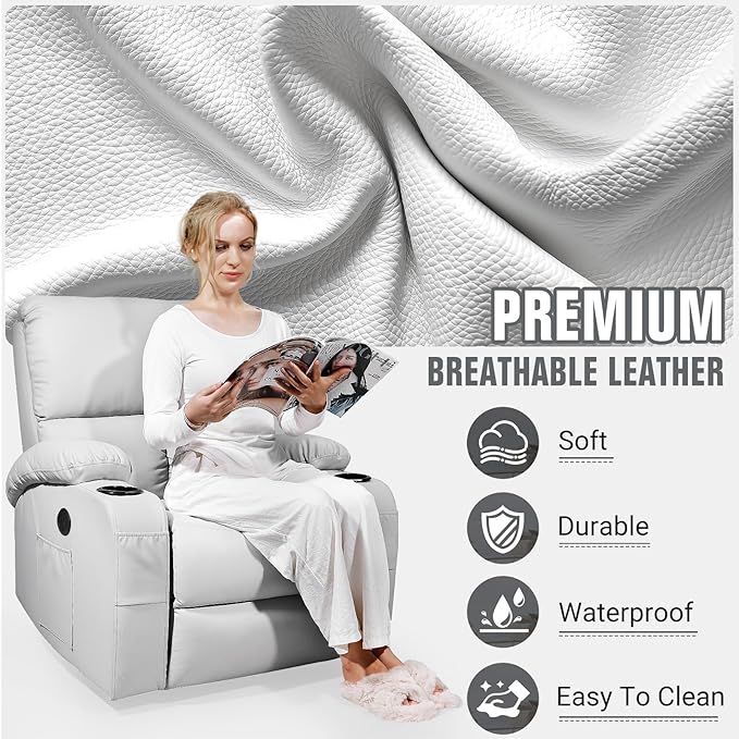 Rocking Recliner Chair, Massage Rocker Recliner Chair with Vibration Massage and Heat, USB and Type-C Ports,360° Swivel Faux Leather Chairs, Living Room, Bedroom, Nursery, RV, Light Grey