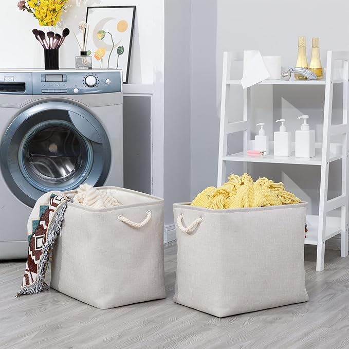 Bidtakay Fabric Beige Baskets Extra Large Organization Baskets for Clothes Set of 2 Collapsible Storage Bins for Shelves Cabinet 17x12x15 In Organizing Bins for Bedroom Blankets Pillow Towels Storage
