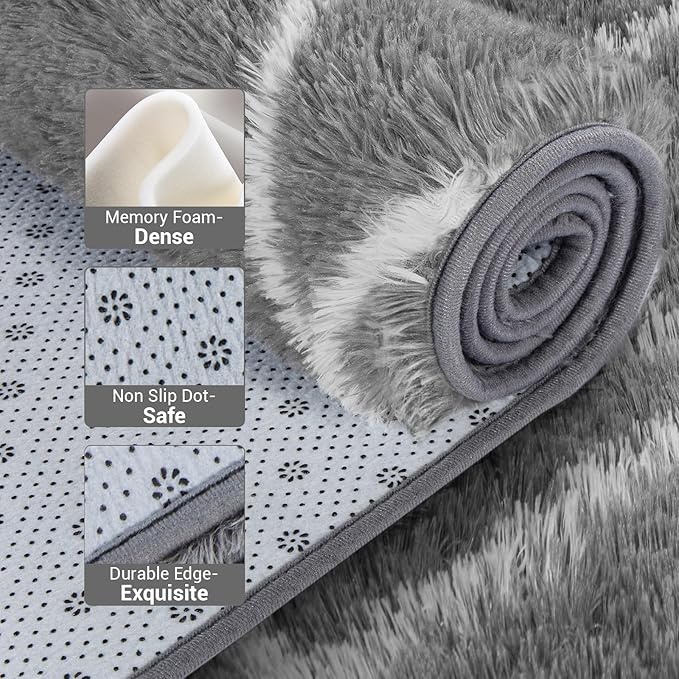 Fluffy Rug for Bedroom, 8X10Feet Stripe Checkered Rug Anti-Skid High Pile for Living Room Bedroom Kids Room Nursery, Dorm Home Decor