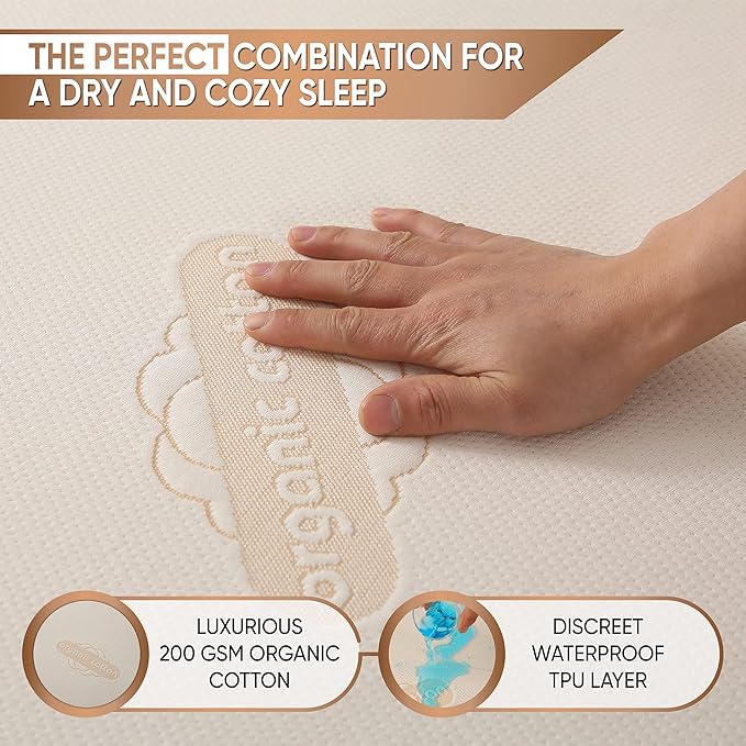 Waterproof Organic Mattress Protector King - Organic Cotton Breathable Mattress Pad Cover - 250 GSM Comfort - Deep Pocket - Fitted Comfort