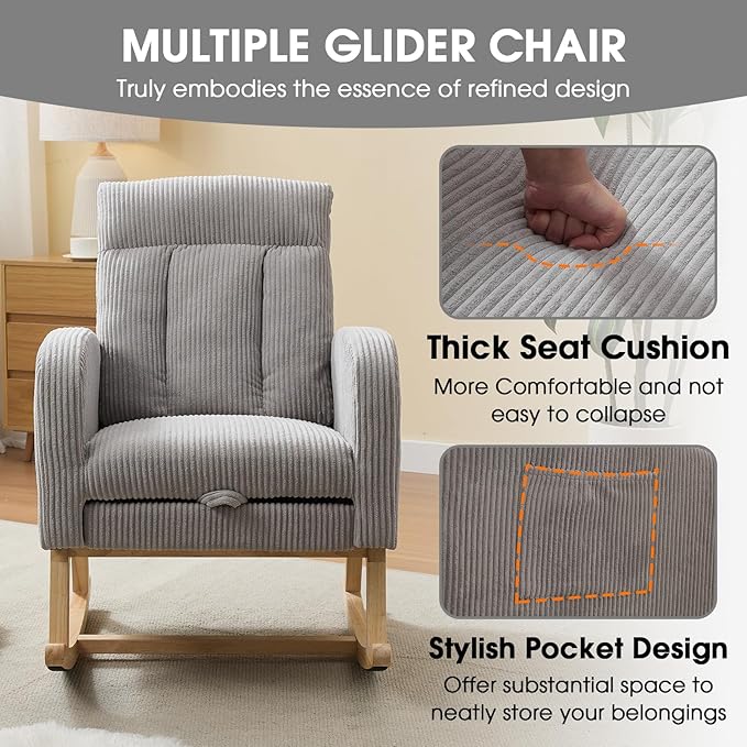 NIOIIKIT Nursery Rocking Chair, Corduroy Upholstered Rocking Chair with Adjustable Footrest, Tufted Rocker Chair with Side Pocket, Glider Rocker for Living Room, Bedroom (Gray Casual)