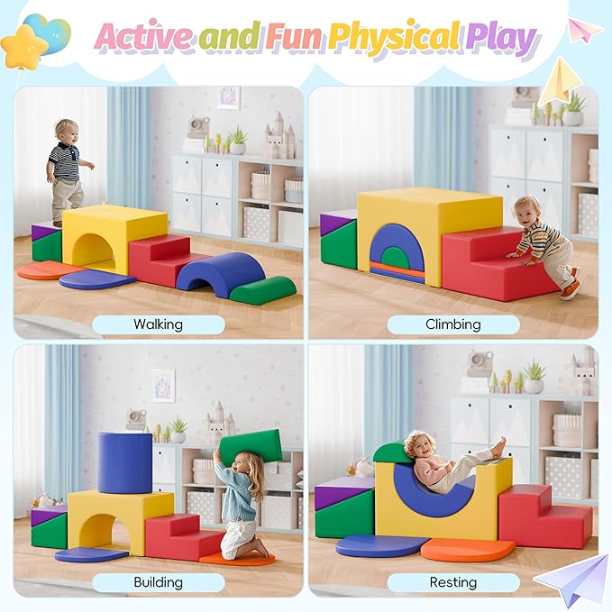 ‌Soft Climbing Toys for Toddlers, 7-Piece Baby Soft Foam Climbing Blocks, PU Leather Gym Climb and Crawl Activity Play Set, Indoor Climbing Toys for Kids and Children, Classic