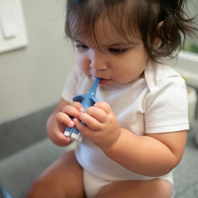 Dr. Brown's Infant-to-Toddler Training Toothbrush Set, Blue Elephant with Fluoride-Free Apple Pear Baby Toothpaste, 0-3 years