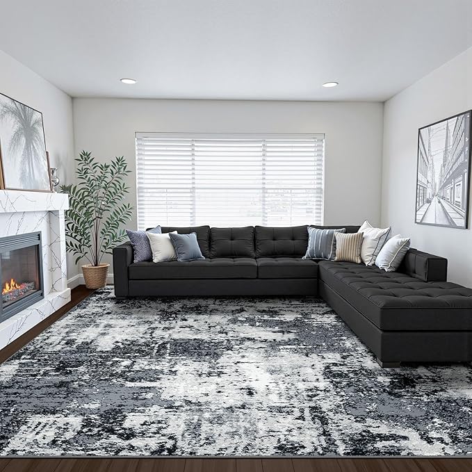 Washable Area Rugs 5'x7' Non-Slip Modern Abstract Soft for Living Room Entryway Bedroom Nursery, Print Pattern, Black Gray
