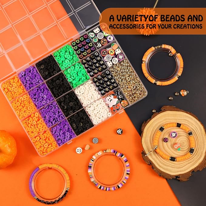 Redtwo 3000 Pcs Halloween Clay Beads for Bracelet Making Kit, Halloween Decorations Charms Jewelry Making, DIY Crafts for Gifts Party Favors