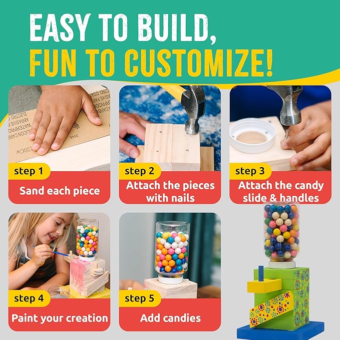 DIY Wood Building Kits, STEM Woodworking Kit for Kids, Creative Fun Craft Projects, Great Gift for Boys & Girls (Candy Dispenser, 1-Pack)