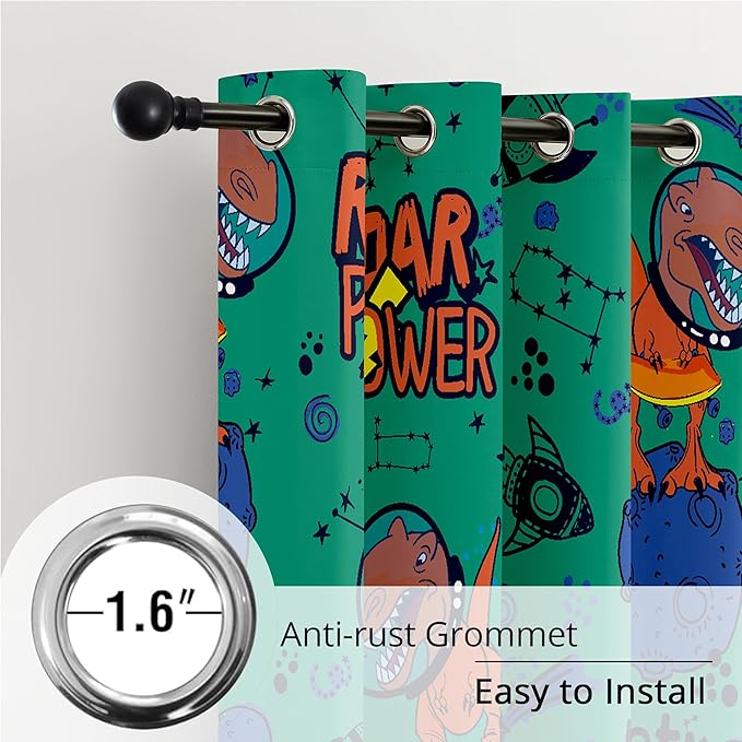 Kids Space Dinosaur Blackout Curtains - 100% Blackout, Thermal Insulated, Noise Reducing, Perfect for Kids Room and Nursery, 2 Panels (Roar Power Dino, W52×L63)