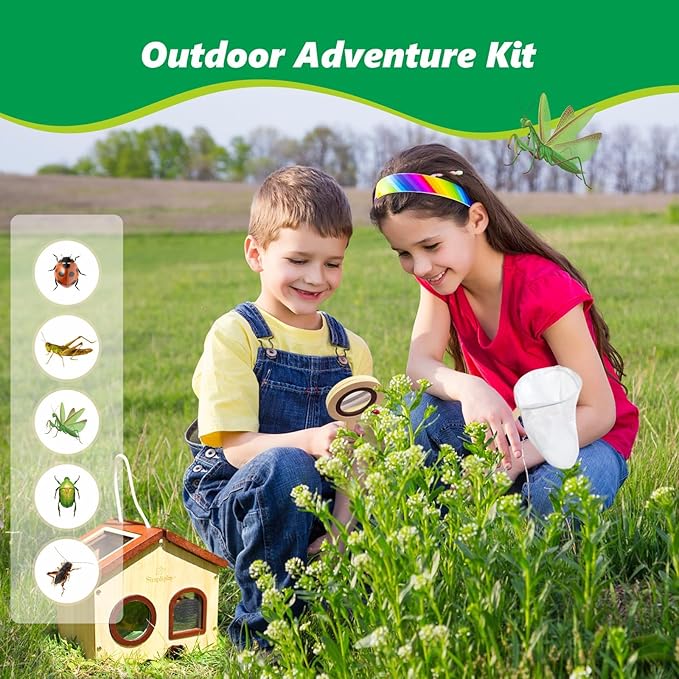Kids Bug Catching Kit, 6-in-1 Nature Discovery Kit with Breathable Wooden Critter Habitat House, 15 Insert Cards, Magnifying Glass, Butterfly Net, Summer Outside Toys, Gift for Boys & Girls