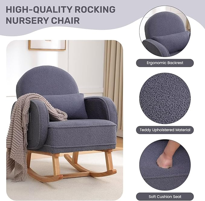 Nursery Rocking Chair with Ottoman, Upholstered Glider Rocker with High Backrest and Side Pocket, Rocking Accent Armchair with Solid Wood Legs for Nursery, Living Room, Bedroom Dark Grey