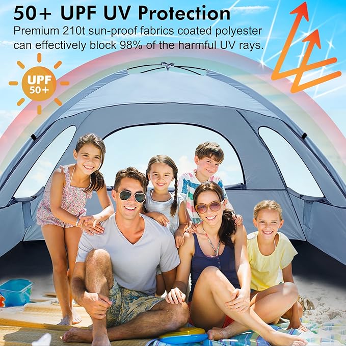WhiteFang Beach Tent Anti-UV Portable Sun Shade Shelter for 3/4/6/8 Person, Extendable Floor with 3 Ventilating Mesh Windows Plus Carrying Bag, Stakes and Guy Lines
