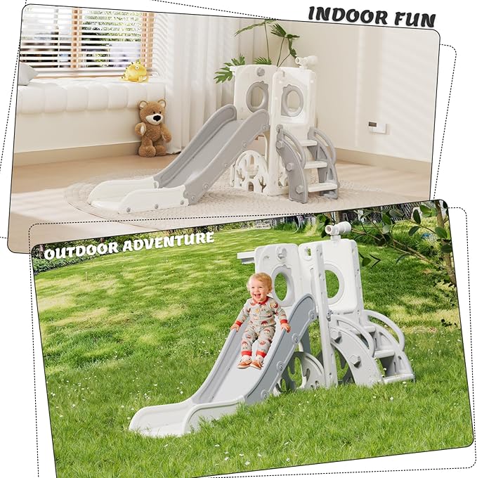 KORIMEFA 7 in 1 Toddler Slide, Kids Slide for Toddlers Baby 1-3 Years Old, Indoor and Outdoor with Basketball Hoop & Golf Set, Plastic Slides for Kids Easy Assembly, Grey