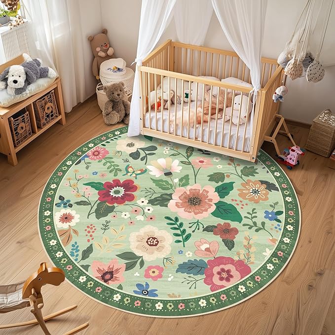 Floral 8ft Area Rug Machine Washable Soft Print Boho Carpet Non Slip Doormat Low Pile Flower Area Rugs for Living Room Bedroom Nursery Kitchen Dining Room Indoor-Light Green