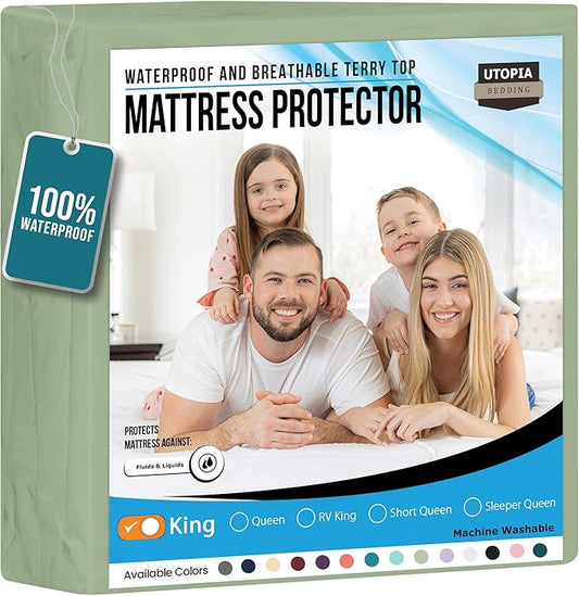 Utopia Bedding Waterproof Mattress Protector King Size, Premium Terry Mattress Cover 200 GSM, Breathable, Fitted Style with Stretchable Pockets (Sage)